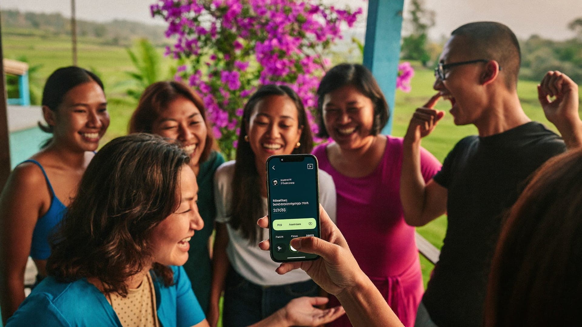 Neighbors in Pangasinan laughing together on a porch around one phone showing the PANELCO III portal